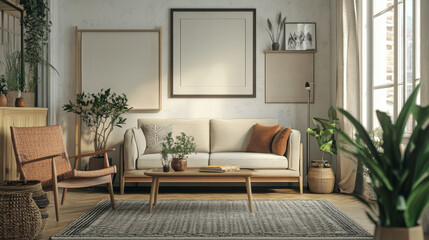 Fototapeta premium Cozy living room with poster frame, comfortable sofa, coffee table, armchair, carpet, and accessories. Home design. --ar 16:9 --v 6.1 Job ID: 6df79b9f-cd49-478a-b4a4-68104f18ed28