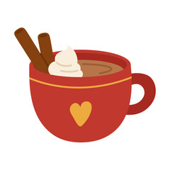 Red coffee mug with cinnamon stick and whipped cream. Warm cacao cup. Autumn and winter spice drink. Sweet tasty beverage. Vector illustration isolated on white background