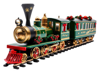 Decorative holiday train with festive details, cut out - stock png.