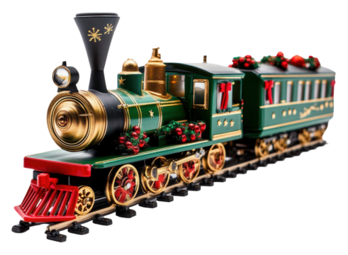 Decorative holiday train with festive details, cut out - stock png. - Powered by Adobe