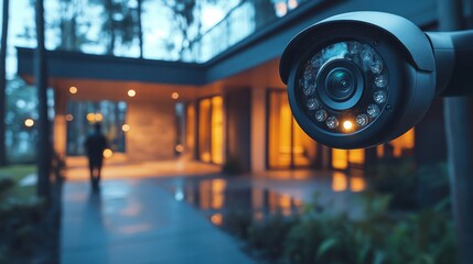 "Close-up of a black security camera mounted on a pole in an outdoor residential area, ensuring the safety and security of the neighborhood with modern technology and surveillance."