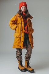 Winter casual fashion in a studio setting with warm colors