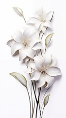 A beautiful arrangement of three large white art deco lilies with delicate petals and green leaves, set against a clean white background. The flowers have intricate details, showcasing their elegance.
