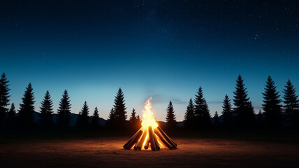Nighttime ranch scene with a glowing bonfire surrounded by wooden logs under a starry sky with silhouetted trees 