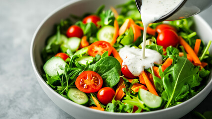 Overhead shot of a ranch sauce being drizzled over a fresh salad with vibrant greens cherry tomatoes and shredded carrots 