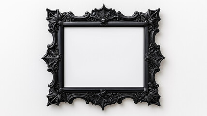 Overhead view of a Halloween style picture frame with ornate black gothic designs featuring spider webs and bat motifs isolated on a white background with soft shadows 