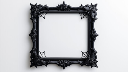 Overhead view of a Halloween style picture frame with ornate black gothic designs featuring spider webs and bat motifs isolated on a white background with soft shadows 