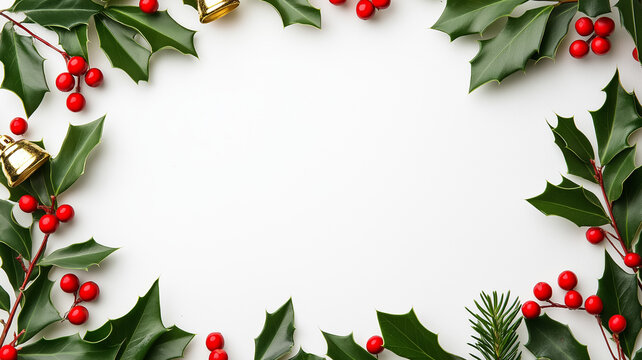 Overhead view of a Christmas style picture frame adorned with holly leaves red berries and golden bells featuring a festive red and green border isolated on a white background 