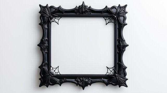 Overhead view of a Halloween style picture frame with ornate black gothic designs featuring spider webs and bat motifs isolated on a white background with soft shadows 