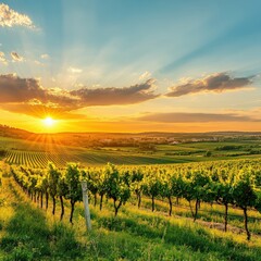 Fototapeta premium Vineyards basking in golden light during a serene sunrise