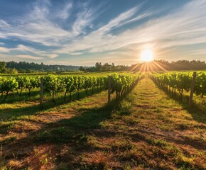 Fototapeta premium Vineyards basking in golden sunlight at dawn
