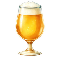 Close-up of a tulip glass filled with golden beer, featuring a thick frothy head. The glass showcases the vibrant amber color of the beer