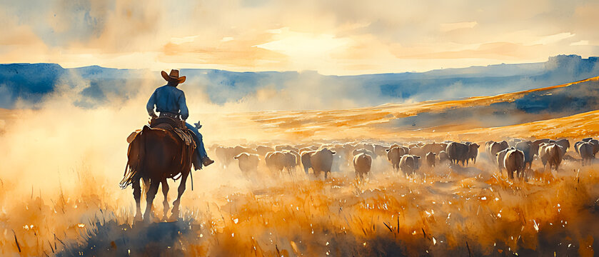Cowboy herding cattle in mountain landscape