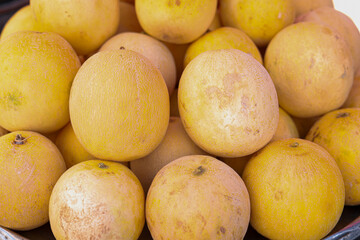 Group of yellow fresh ripe melons on local bazaar