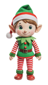 Cheerful elf doll in festive attire and hat, cut out - stock png.
