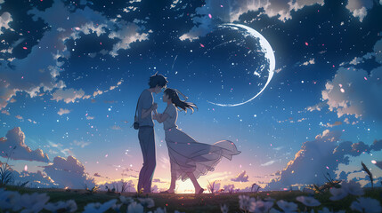 Naklejka premium Romantic wallpaper of a couple standing in beautiful love pose infront of moon in mid nught. Valentines special romantic stock image.