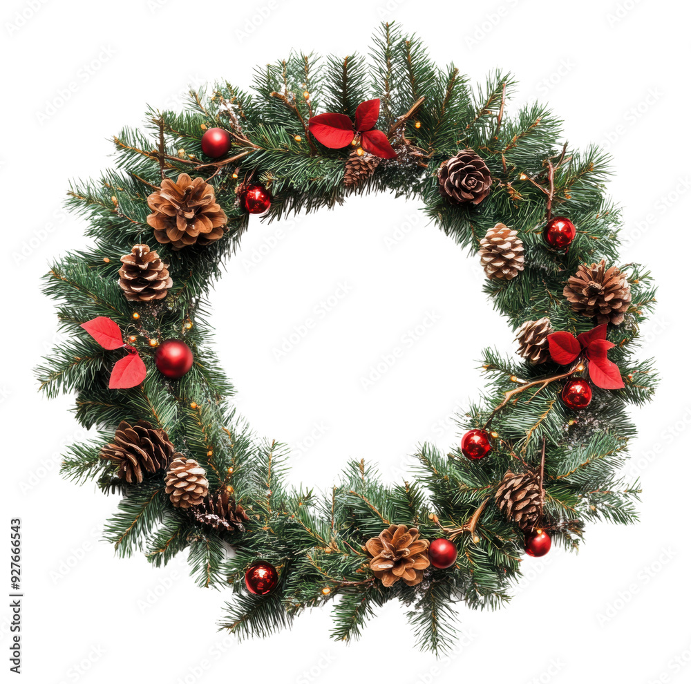 Wall mural festive holiday wreath with pinecones and berries, cut out - stock png.