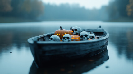 Side view of an old abandoned rowboat on a foggy lake filled with Halloween decorations like skulls cobwebs and glowing pumpkins evoking a haunting vibe 