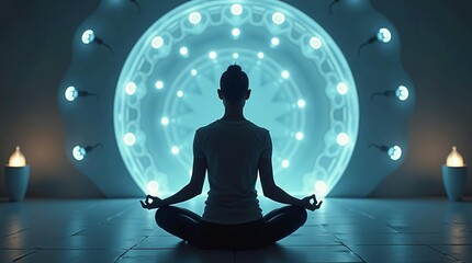 Mindfulness and Technology: Meditation Silhouette with Futuristic Holographic Interface for Mental Wellness