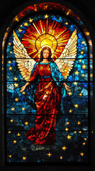 Stained Glass Windows Featuring Angelic Figures and Celestial Motifs, Vibrant Colors and Intricate Craftsmanship in Religious and Spiritual Artwork with Stars and Suns