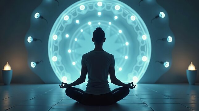 Mindfulness and Technology: Meditation Silhouette with Futuristic Holographic Interface for Mental Wellness - Powered by Adobe