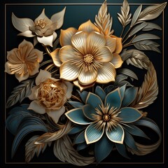 Fototapeta premium A beautifully crafted floral art deco design featuring golden and teal flowers with intricate details, set against a dark background. The composition includes various types.
