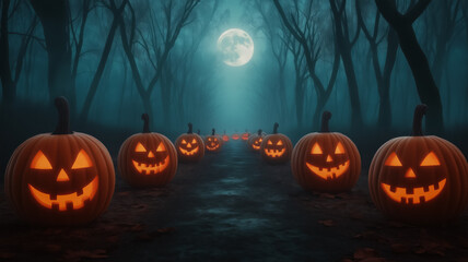 Spooky garden path lined with jack o lanterns glowing softly in eerie mist twisted trees with ghostly white branches reaching out full moon casting shadows 