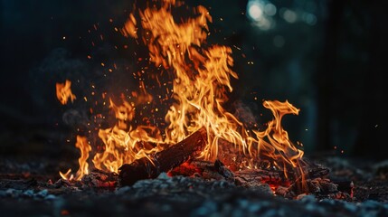 close-up of burning wood and coals in the fire, capturing the intense orange glow that illuminates the surroundings, evoking the essence of camping and the warmth of natural elements