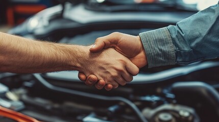 The mechanic shaking hands with customer after finish checking the opened hood car. Focus on happy mechanic and satisfied customer. Auto car