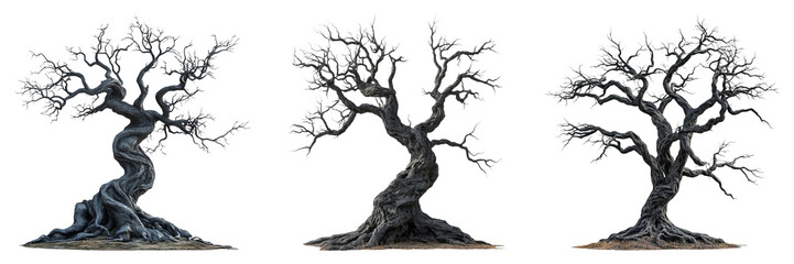 Leafless trees with twisted trunks isolated on transparent background