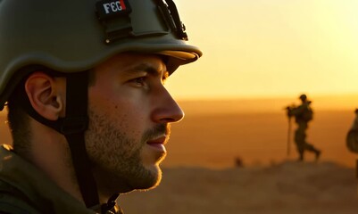 French Soldier in Sunset Desert with Armed Troops