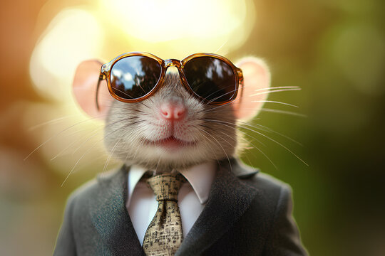 A mouse wears sunglasses and a suit with a tie