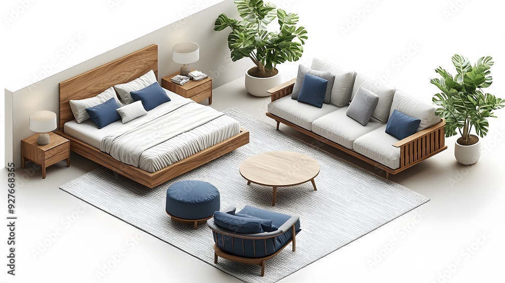 Wall mural 3d isometric cartoon rendering of a modern furniture set including a bed, armchair, and sofa on a cl