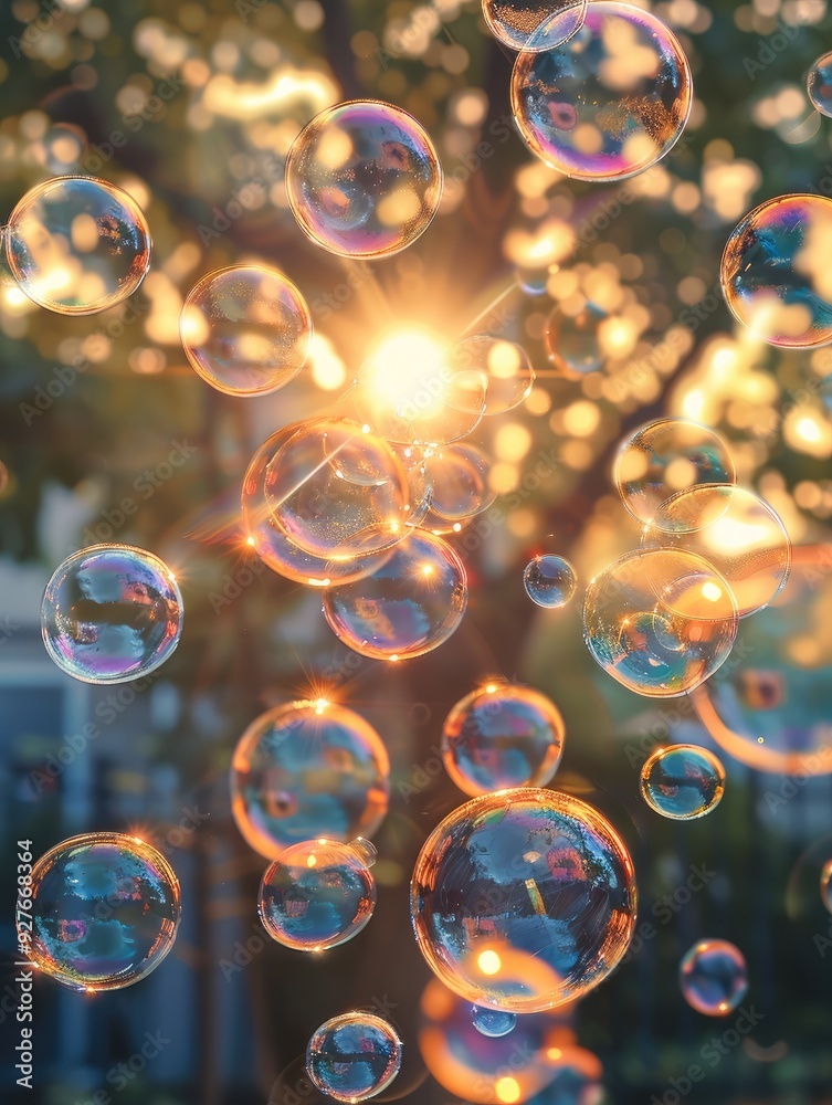 Poster colorful soap bubbles floating in the air, with sunlight shining through them. generative ai.