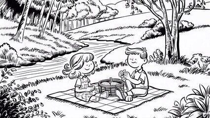 girl and boy picnic in nature, coloring page, illustrations for creative leisure