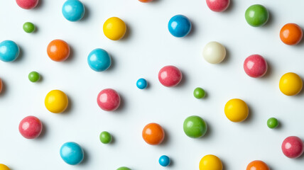 Top down view of multicolored bubble gum pieces scattered across a clean white background with a focus on the bright contrasting colors 