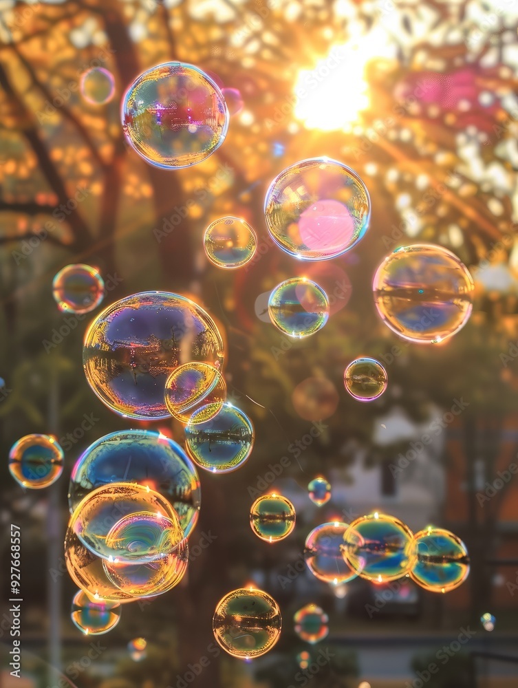 Poster colorful soap bubbles floating in the air, with sunlight shining through them. generative ai.