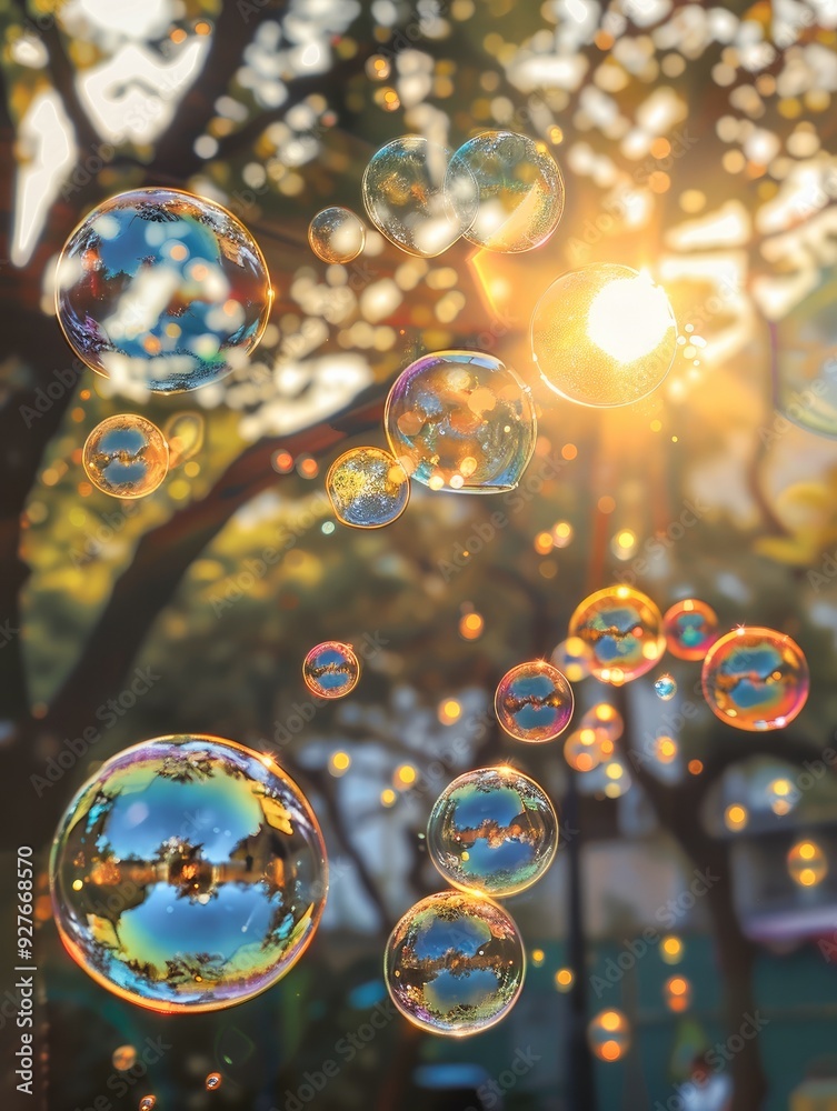 Poster colorful soap bubbles floating in the air, with sunlight shining through them. generative ai.