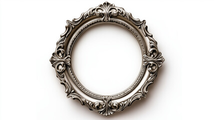Top view of a vintage oval picture frame with a delicate lace like pattern and a slightly tarnished silver finish isolated on a white background with soft diffused shadows 