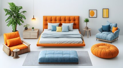 Modern bed, armchair, and sofa set rendered in 3D isometric cartoon style, placed against a white background.