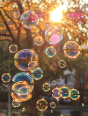 Colorful soap bubbles floating in the air, with sunlight shining through them. Generative AI.