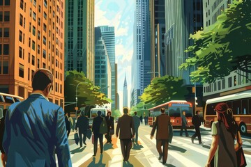 Obraz premium A diverse group of individuals strolling along a bustling city street, surrounded by urban architecture and vibrant storefronts, A busy street with skyscrapers and people in business attire