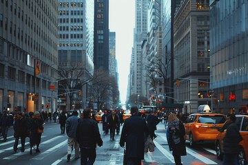 Obraz premium People of various backgrounds walking together on a lively city street, with shops and buildings lining the path, A busy street with skyscrapers and people in business attire. AI generated