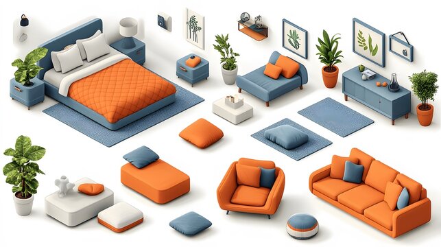 Modern interior furniture set in 3D isometric cartoon style featuring a bed, armchair, and sofa on a white background.