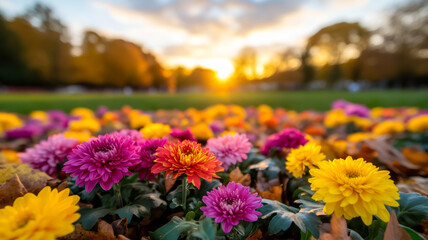 Fototapeta premium Wide angle shot of a garden with a mix of autumn flowers such as chrysanthemums asters and marigolds with colorful fallen leaves on the ground and a warm golden sunset 