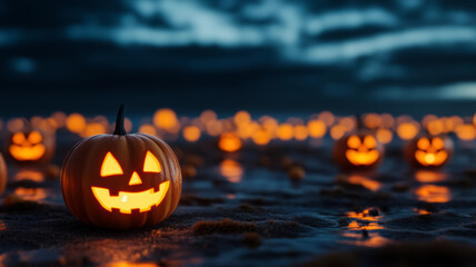 Wide angle shot of a ghostly Halloween party on a dark eerie beach with pumpkins scattered in the sand and waves illuminated by glowing lanterns floating in the water 