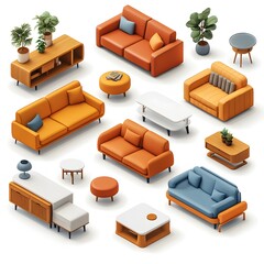 Modern interior furniture set, including a sofa and tables, rendered in 3D isometric cartoon style...