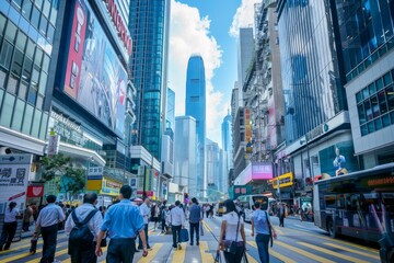 Individuals walking side by side on a city street, immersed in the vibrant energy of their urban surroundings, A busy street with skyscrapers and people in business attire. AI generated