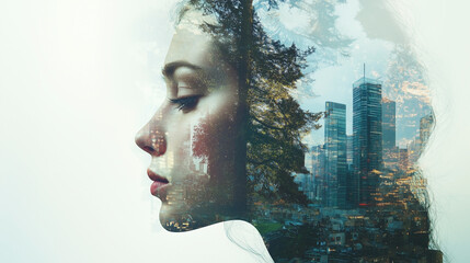 A captivating double exposure image blending the profile of a woman with a vibrant cityscape. The city lights and skyscrapers merge seamlessly with the contours of her face. - Powered by Adobe