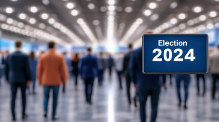 Election 2024 in elegant script on a blurred background of voters in a polling station subtle motion blur effect 